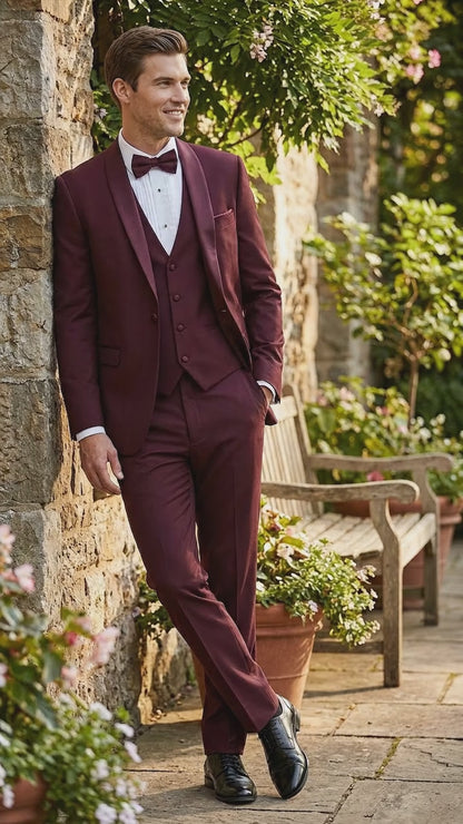 Men’s Burgundy Wool Vested Shawl Prom Tuxedo with One Button Jacket and Matching Pants