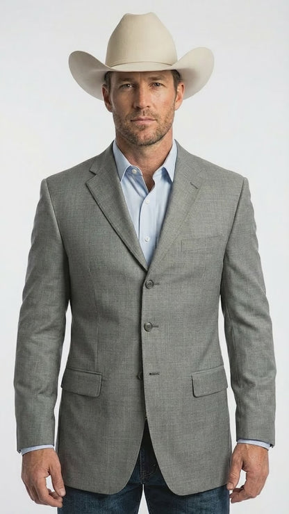 Mens Grey Western Three Button Blazer – Classic Cowboy Style Formal Jacket Business Casual Sport Coat