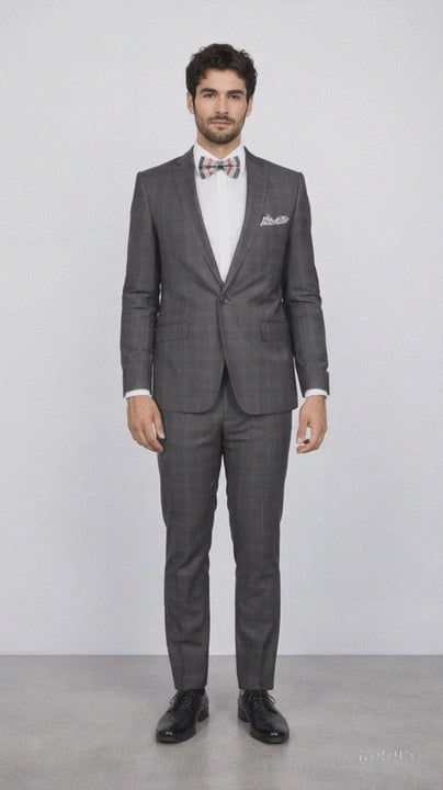 Men's Rossiman Rossi Man Brand Charcoal Plaid Tapered Leg Lower Rise Pants & Get Skinny 1 Button Slim Fit Peak Lapel Suit