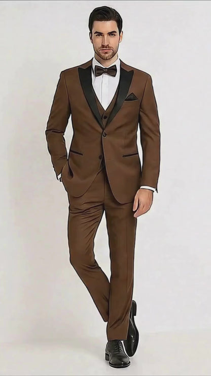 Mens Light Brown Tuxedo Suit with Black Satin Lapel  3 Piece Formal Wedding & Prom Outfit - Country Look