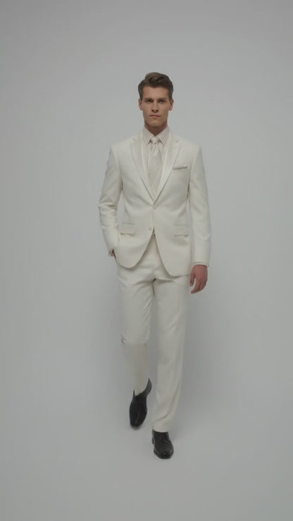 Men’s Ivory Classic Notch Tuxedo with 1 Button Jacket and Matching Pants, Formal Wedding Suit