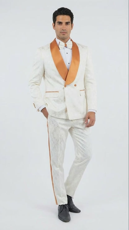 Men's Ivory and Gold Jacquard Tuxedo Suit  Bowtie  Formal Wedding, Prom, and Gala Outfit in Cream Off White color
