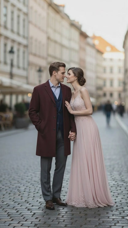 Men’s Burgundy Wool and Cashmere Car Coat – Classic Winter Topcoat for Business and Formal Wear