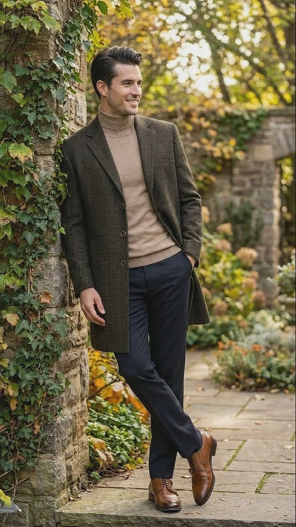 Mens Brown Checkered Wool Overcoat  Long Winter Coat with Classic Plaid Pattern By Statement