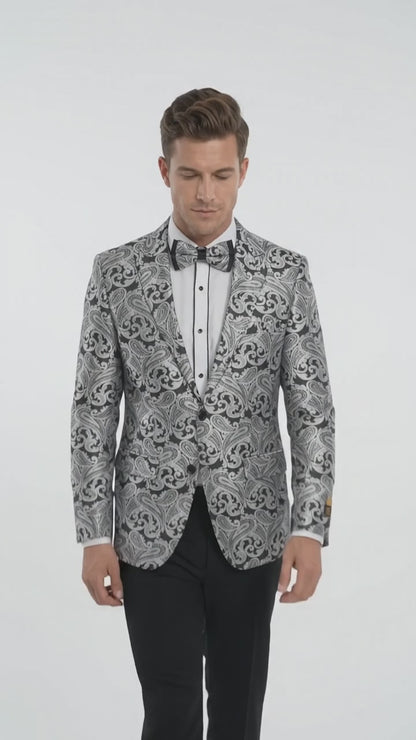 Men’s Silver Grey & Black Paisley Dinner Jacket – Formal Tuxedo Blazer