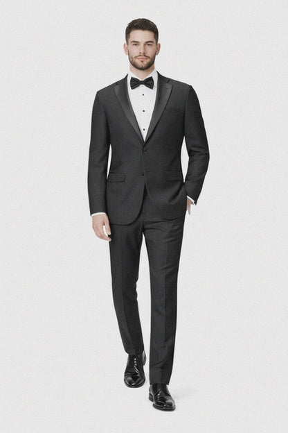 Tiglio Mens Slim Fit Black Wool Tuxedo – Satin Peak Lapel Formal Dinner Suit