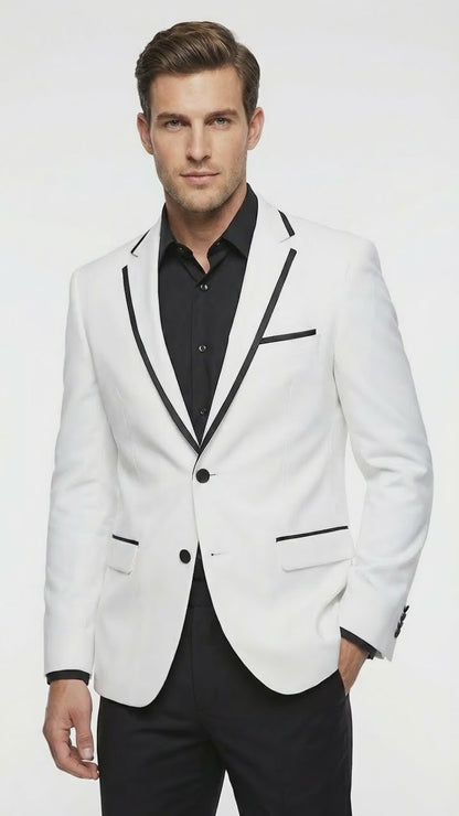 Men’s White Disco Blazer 70s Era Costume Jacket – Black Trim Retro Party Blazer, Vintage Dance Outfit, Stylish Evening Themed Wear