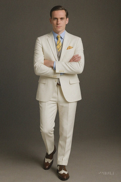 Mens The Great Gatsby Vested Peak Lapel Suit in Ivory with Brown Vest