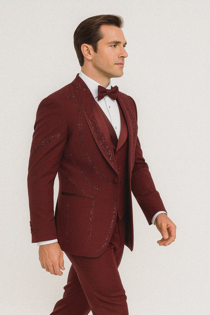 Mens Burgundy Italian Wool 3-Piece Modern Formal Tuxedo