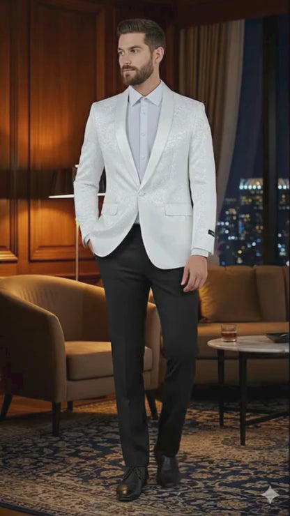 Big and Tall Mens Silver Gray Paisley Tuxedo Jacket  Satin Shawl Lapel Blazer for Weddings, Proms, and Formal Events