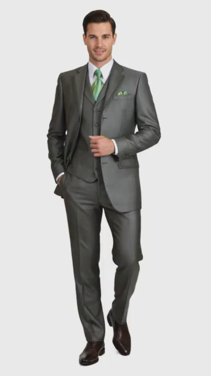 Mens Olive Green 3-Piece Suit  Classic Fit with Vest and Tie Pleated Pants Three Buttons