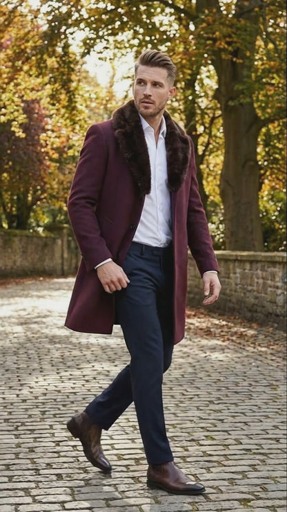 Mens Burgundy Three Quarter Coat with Faux Fur Collar Overcoat  Luxury Winter Outerwear Three Quarter Carcoat Topcoat