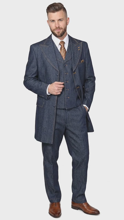 Men’s Blue Denim Zoot Suit, Long Vested Vintage Jeans Style Formal Suit Set