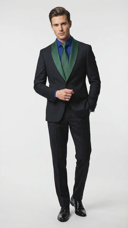 Men’s Black Suit with Hunter Green Shawl Lapel – Black and Hunter Green Formal Tuxedo Suit for Wedding, Prom With Bow Tie