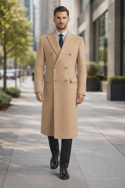 Men's Wool And Cashmere Double Breasted Long Overcoat Beige ~ Camel Three Quarter Winter Men's Topcoat Sale