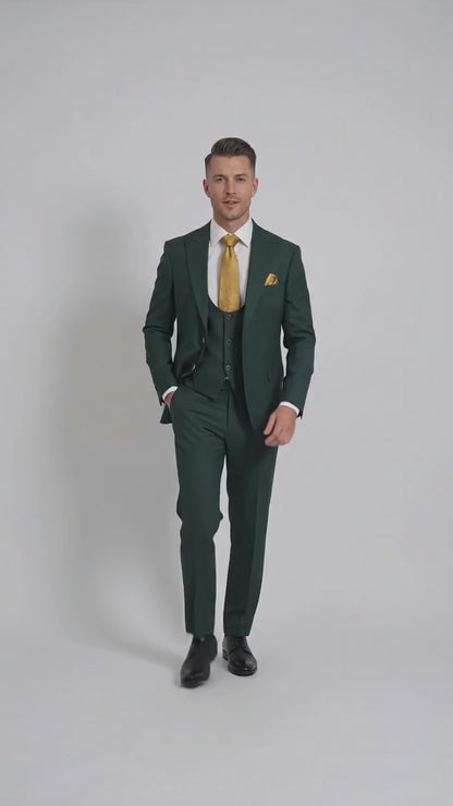 Mens Vitali 3 Piece Suit W/Scoop Vest Hunter Green 3-Piece Suit –, Big Peak Lapel  Vest and Pants  Modern Fit Two Buttons