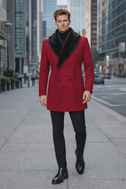 Mens Plaid Overcoat - Hounstooth Checker Pattern Topcoat - Red