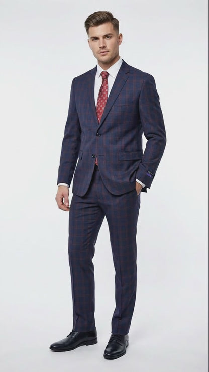 Mens Navy Blue and Burgundy Checkered Two-Piece Suit Plaid Windowpane  Flat Front Pants or Pleated Wide Leg Pants - 100% Wool