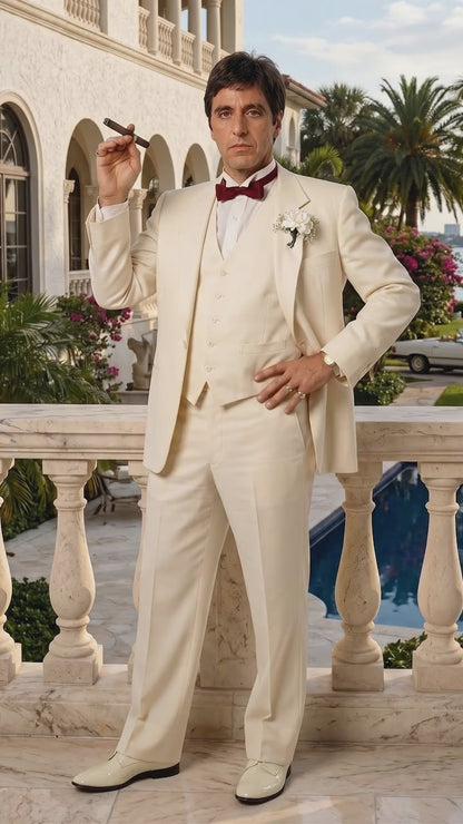 Tony Montana’s Ivory Vested Suit – Classic Ivory 3 Piece Suit for Wedding, Formal and Evening Wear