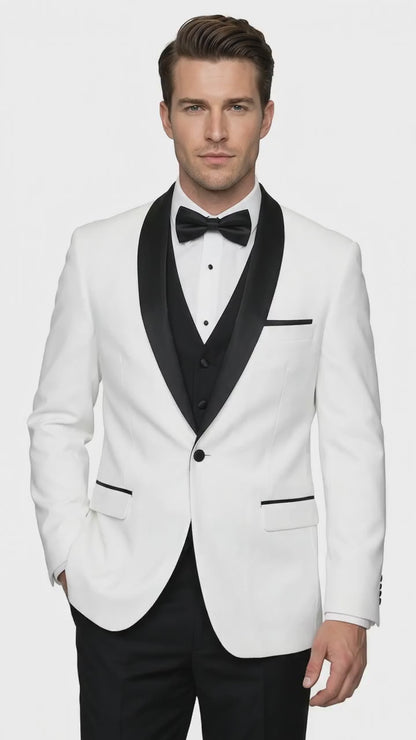 Men’s White and Black Shawl Lapel Dinner Jacket, 1 Button Wool Formal Tuxedo Blazer
