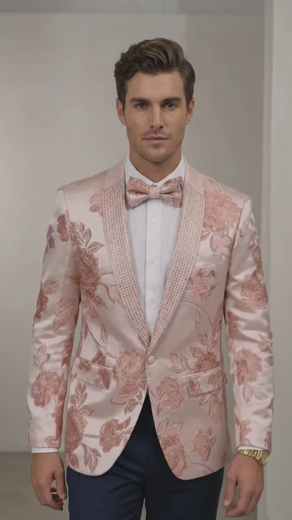 Men’s Pink Satin Paisley Prom Tuxedo Dinner Jacket, Floral Sport Coat Wedding Party Blazer