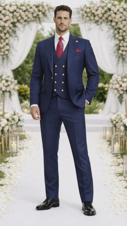 Rossiman Brand Navy Blue Suits - 1 Button Suit Peak Lapel Double Breasted Vest