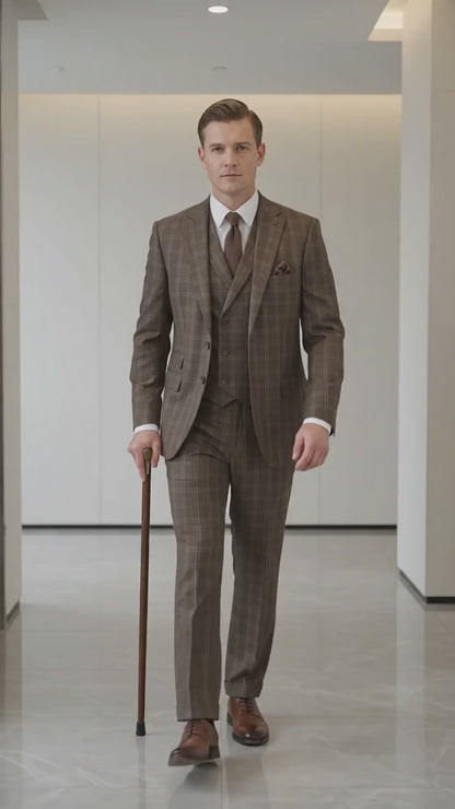Men’s 1930s Brown Plaid 3 Piece Suit, Vintage Formal Wedding Business Dress Suit Set