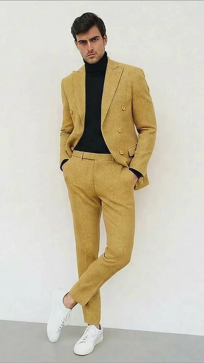 Mens Gold Double Breasted Suit  Classic 1920s Camel Color Formal Slim Fit Suit