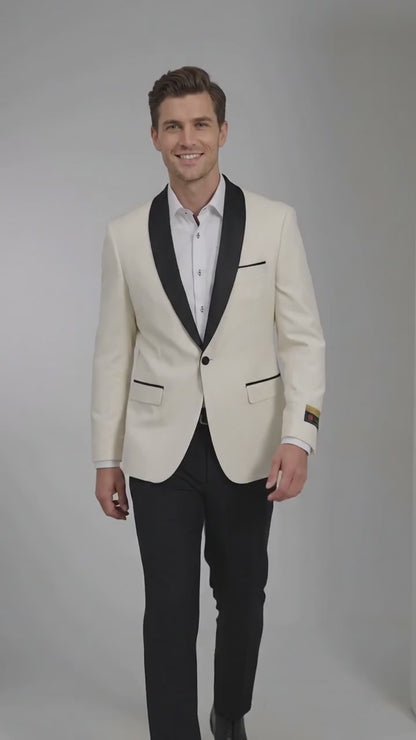 Men’s Ivory and Black Dinner Jacket, One Button Contrast Shawl Collar Formal Tuxedo Blazer