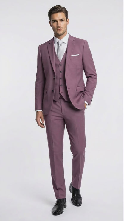 Mens Mauve Three-Piece Suit  Slim Fit Formal Blazer, Vest, and Trousers for Weddings Rose Gold Pinkish Color