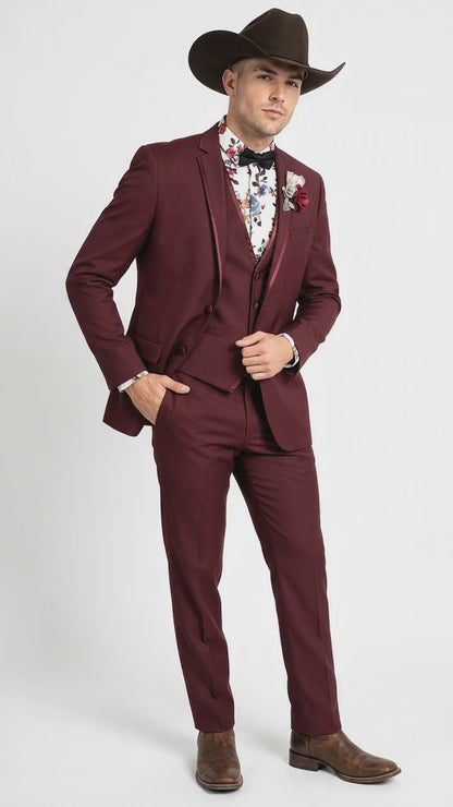 Men’s Burgundy Western Tuxedo Suit, 3 Piece Cowboy Formal Wedding Prom Suit with Satin Trim