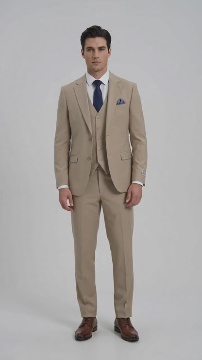 Stacy Adams Men’s Tan 3-Piece Suit – Two-Button Jacket, Matching Vest and Dress Pants