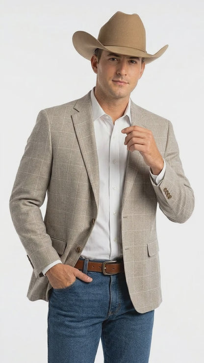 Men’s Light Tan Windowpane Plaid Western Blazer, Cowboy Sport Coat for Business Casual and Summer Events