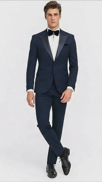 Mens Navy Blue Jacquard Tuxedo with Black Velvet Shawl Lapel  3 Piece Formal Suit with Bow Tie