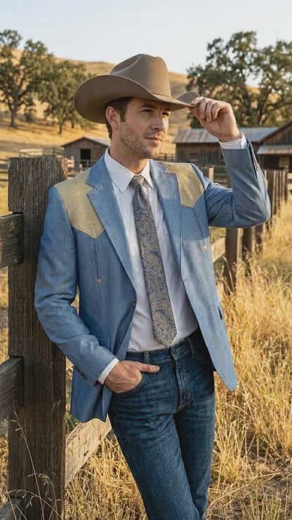 Men’s Steel - Light Blue and Bone Color Western Cowboy Blazer – Shiny Country Style Dress Jacket for Rodeo Saco De Hombre Vaquero
