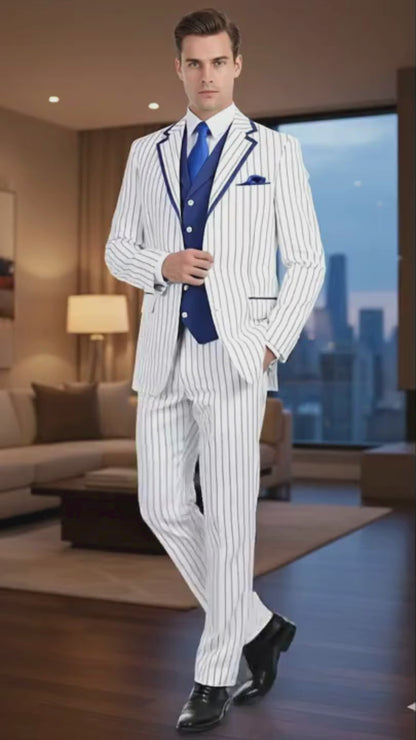 Mens White and Royal Blue Pinstripe 3-Piece Suit  Classic Fit Blazer with Vest, Pants, and Tie
