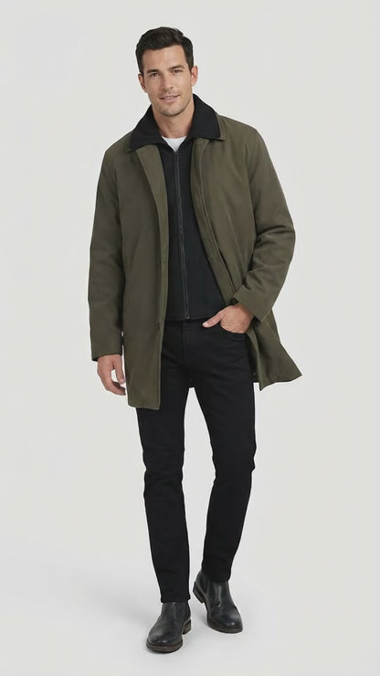 Mens Olive Brown Trench Coat Raincoat – Classic Water Resistant Long Coat with Zip and Button Closure for Business, Travel and Everyday Outerwear