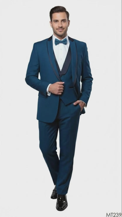 Mens Teal Blue Tuxedo  3-Piece Formal Suit with Satin Shawl Lapel, Vest, and Pants in Saphire Cobalt Blue Color