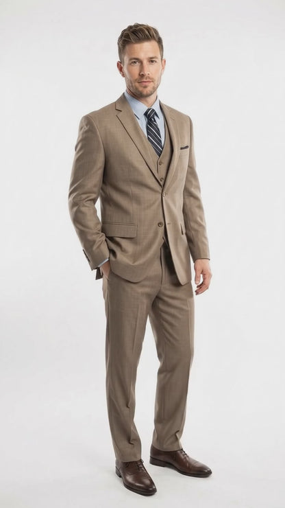 Men’s Tan Classic Fit 3 Piece Suit, Two Button Formal Wedding Business Suit with Vest