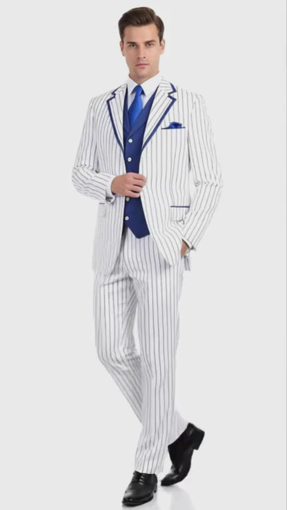 Mens White and Royal Blue Pinstripe 3-Piece Suit  Classic Fit Blazer with Vest, Pants, and Tie