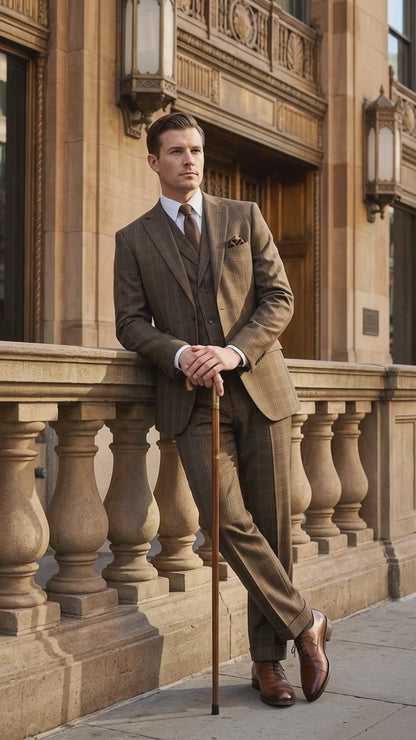 Men’s 1930s Brown Plaid 3 Piece Suit, Vintage Formal Wedding Business Dress Suit Set