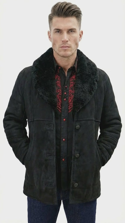 Men’s Black Sheepskin Leather Jacket Cowboy – Warm Faux Fur Collar Coat, Winter Long Jacket, Casual Western Style Outerwear