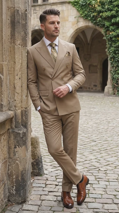 Men’s Statement Brand Caramel Khaki Double Breasted Wool Suit, Designer Formal Business Suit Set Wool Suit in Camel Color