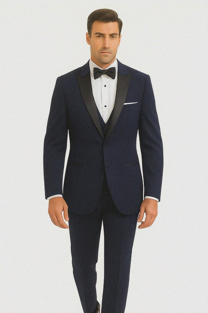 Mens Designer Satin Peak Blake Tuxedo in Navy