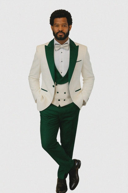 Hilton White and Hunter Green Paisley Peak Lapel Tuxedo Jacket with Matching Shawl Vest and Wool Pants  Includes Bow Tie