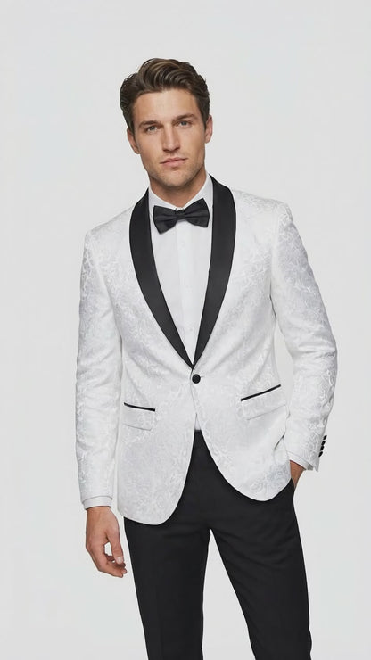 Men’s White Dinner Jacket Disco Blazer 1980s Sequin Style Jacket – Black Lapel Party Blazer, Formal Masquerade Club Wear Paisley Fabric + Bowtie