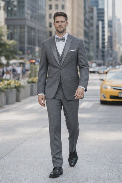 Mens Designer Grayson Satin Trim Wedding Tuxedo in Grey