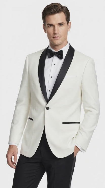 Men’s Cream and Black Shawl Lapel Tuxedo Jacket, Designer Formal Dinner Blazer