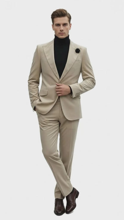 Mens Sand Beige Velvet Tuxedo Suit  2 Piece Slim Fit Blazer and Pants Formal Set - Winter Fabric Natural Color