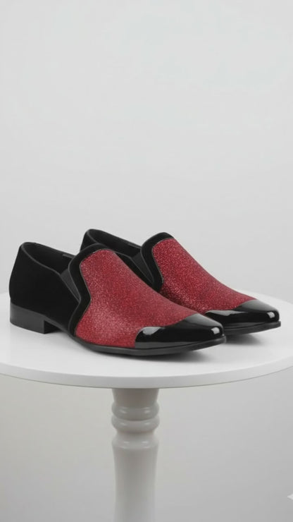 Mens Red Glitter Tuxedo Loafers  Shiny Slip-On Dress Shoes with Black Patent Toe for Parties and Formal Events